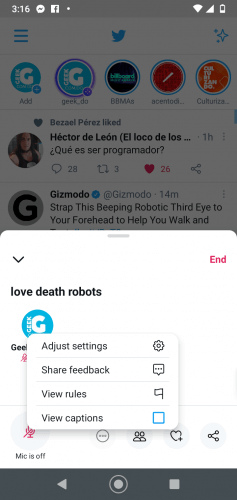 Captura de pantalla de Twitter
Texto en imagen: 
End
love death robots

Adjust settings
Share feedback
View rules
View captions
Mic is off