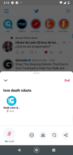 Captura de pantalla de Twitter
Texto en imagen: 
End

love death robots

Geek.com.d... Host

Mic is off